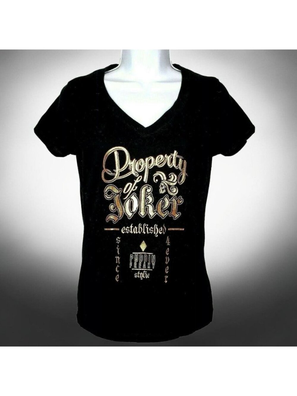 Harley Quinn Suicide Squad Property of Joker T Shirt Black Gold V Neck Small